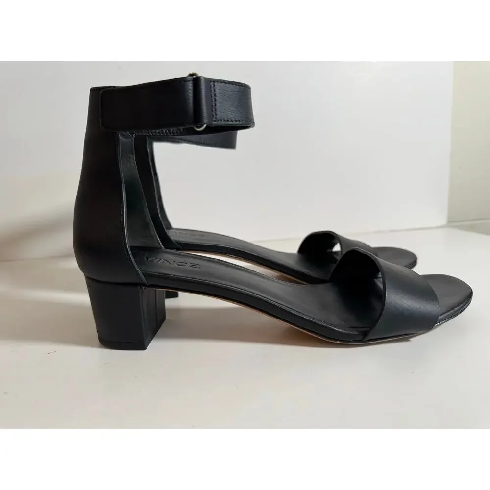 Vince Black Leather Ankle Strap Block Heel Sandals Women 9 Open Toe Dress Shoes